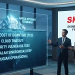 Visualisasi infografis audit B2B tentang biaya tersembunyi di balik harga internet korporasi murah, menampilkan risiko downtime dan kepatuhan TCO dengan solusi SKINET