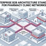 Sebuah diagram arsitektur jaringan blueprint detail yang menunjukkan jaringan apotek dan klinik yang saling terhubung menggunakan koneksi internet dedicated 50 Mbps Skynet yang simetris, lengkap dengan fitur IPsec VPN hardware untuk bridging BPJS, mikrowave backup BGP auto-failover, QoS Layer 7, VLAN, dan sertifikasi SLA 99.9% yang terdaftar di E-Katalog LKPP