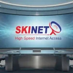 Tampilan layar besar di ruang konferensi perusahaan yang menampilkan logo dan infrastruktur jaringan Internet Dedicated Simetris SKINET untuk korporasi