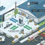 Infografis arsitektur jaringan B2B menunjukkan koneksi paket internet dedicated Skynet CIR 1:1 simetris untuk kawasan bisnis di Depok, Bogor, dan Tangerang, dilengkapi fitur IPsec VPN, BGP microwave auto-failover, dan jaminan SLA 99.9%