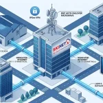 Visualisasi diagram isometrik arsitektur B2B korporat Skinet, menampilkan konektivitas internet dedicated simetris CIR 1:1 yang andal untuk gedung-gedung di Depok, Bogor, dan Tangerang, dilengkapi dengan BGP auto-failover microwave dan verifikasi E-Katalog LKPP