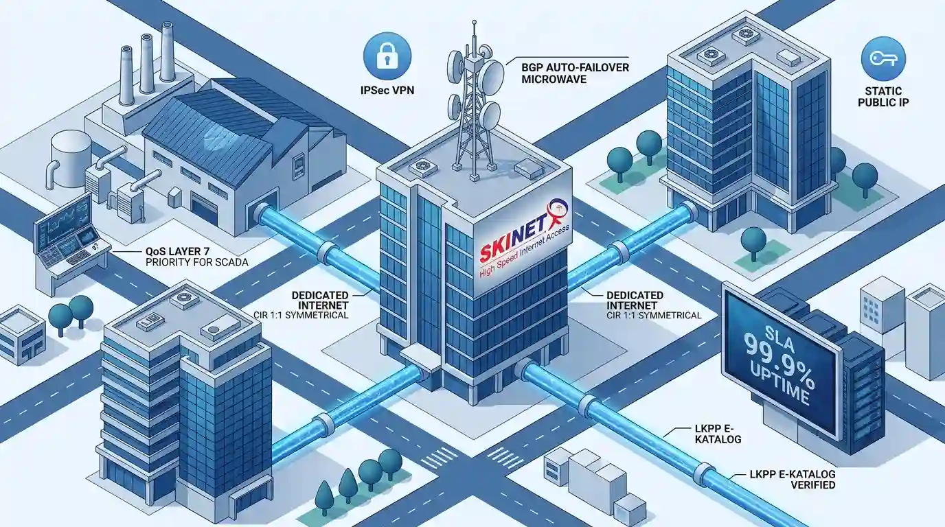 Visualisasi diagram isometrik arsitektur B2B korporat Skinet, menampilkan konektivitas internet dedicated simetris CIR 1:1 yang andal untuk gedung-gedung di Depok, Bogor, dan Tangerang, dilengkapi dengan BGP auto-failover microwave dan verifikasi E-Katalog LKPP