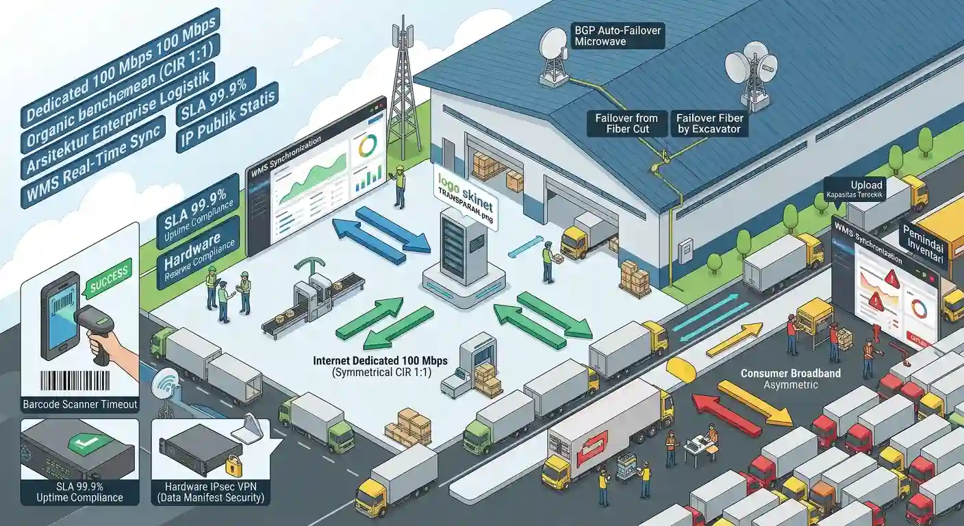 Infografis arsitektur jaringan B2B menunjukkan koneksi paket internet dedicated Skynet CIR 1:1 simetris untuk kawasan bisnis di Depok, Bogor, dan Tangerang, dilengkapi fitur IPsec VPN, BGP microwave auto-failover, dan jaminan SLA 99.9%
