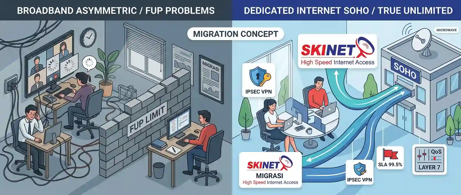 Perbandingan ilustratif antara kantor SOHO yang menggunakan ISP broadband rumahan (asimetris, FUP) dan kantor SOHO yang telah migrasi ke Paket Internet SOHO Dedicated Skynet (simetris, True Unlimited, IP Publik, SLA 99.5%)