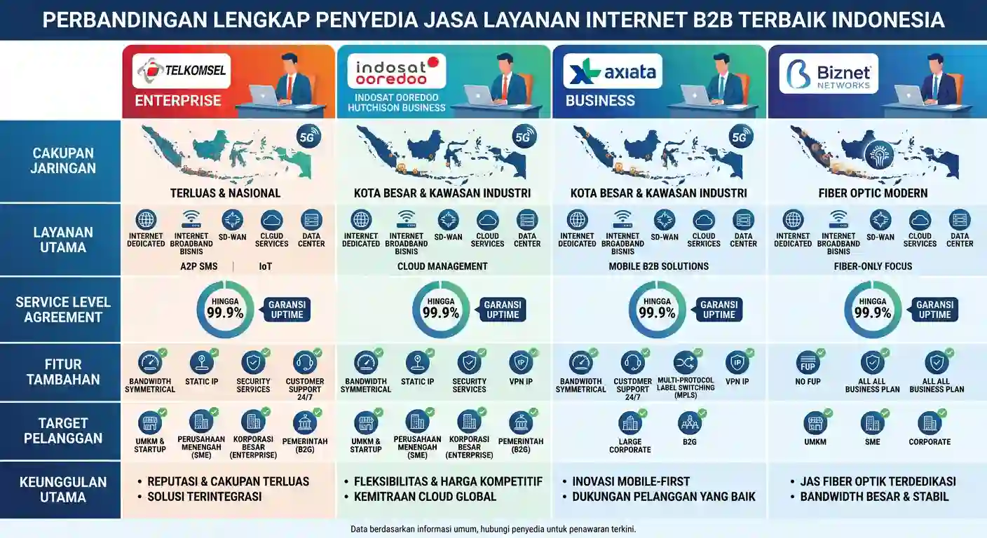 Komparasi penyedia jasa layanan internet terbaik di Indonesia untuk sektor korporasi B2B, kawasan industri, dan instansi, menggunakan infrastruktur Dedicated Internet SLA 99.9% dari SKINET
