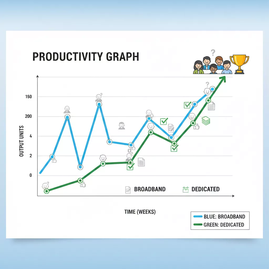Grafik produktivitas karyawan menggunakan internet dedicated vs broadband