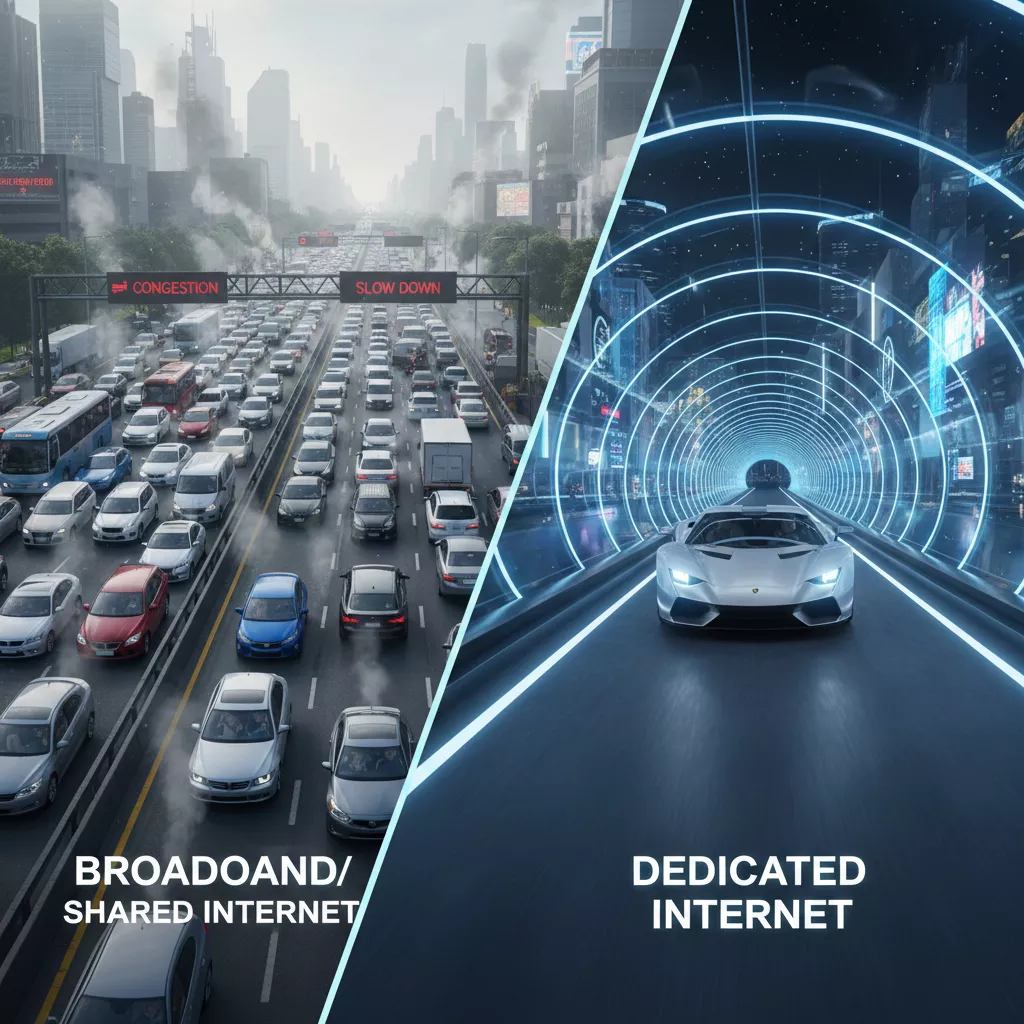 Perbandingan visual kemacetan internet broadband vs kelancaran internet dedicated