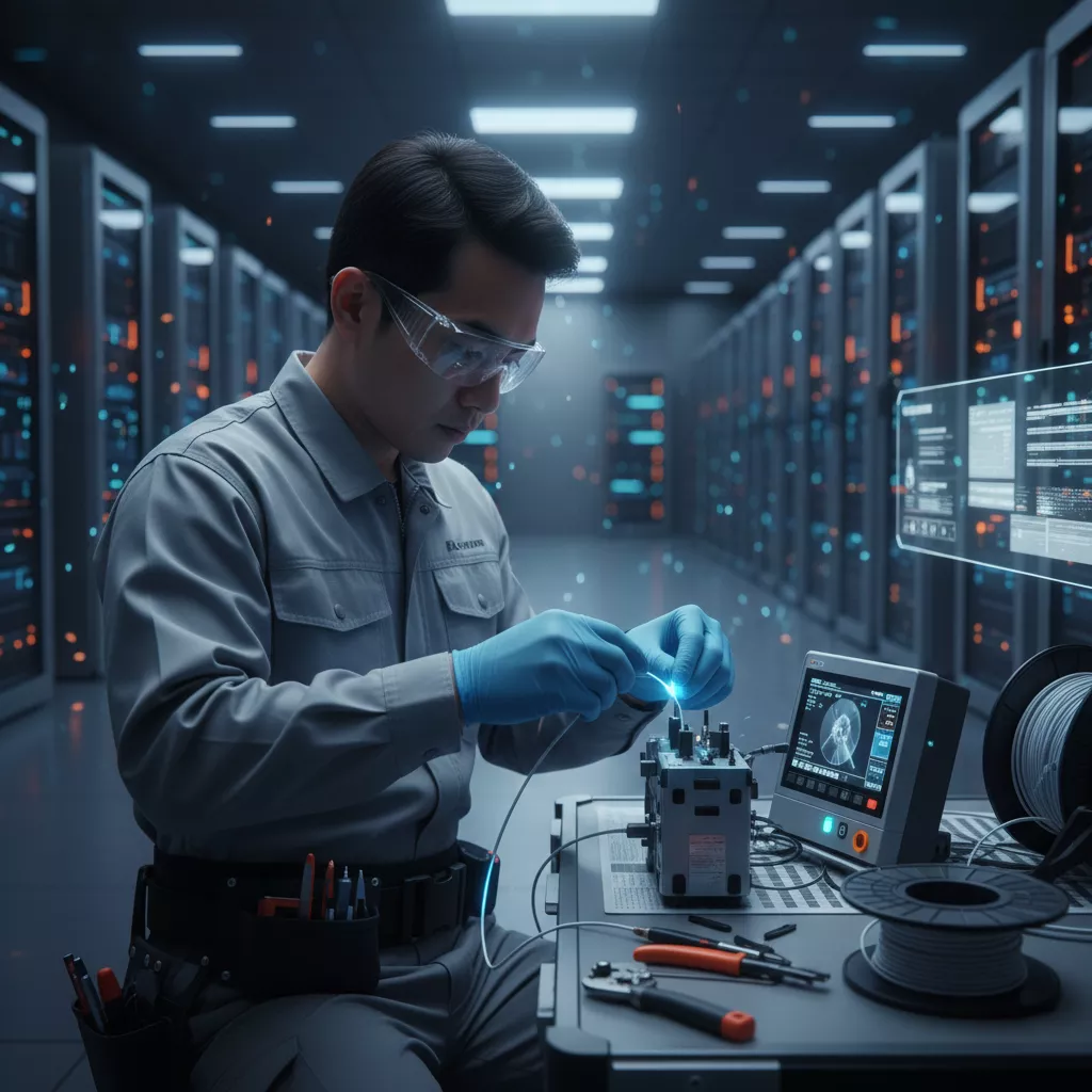 Teknisi SKINET melakukan instalasi jaringan fiber optik dedicated di lokasi pelanggan