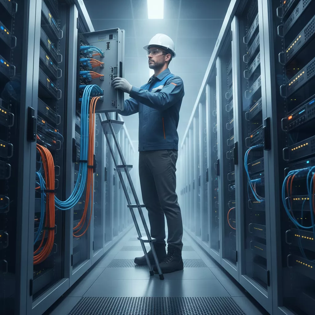 Teknisi SKINET sedang instalasi serverrak kabel dengan rapi dan profesional