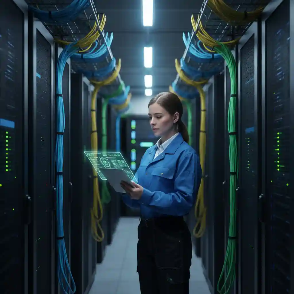 ilustrasi Teknisi ISP Dedicated profesional memantau jaringan server fiber optik untuk internet kantor stabil