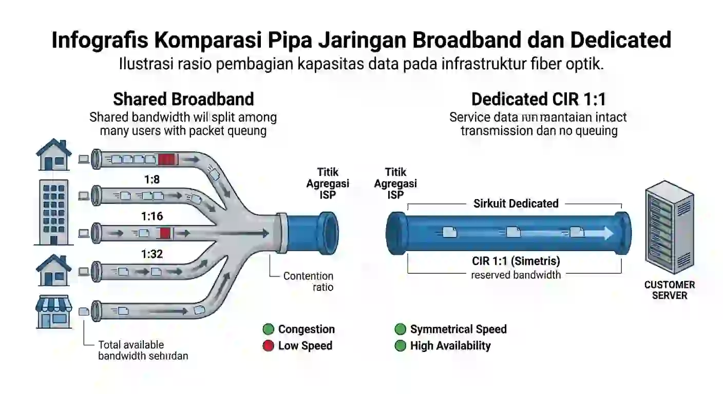 Diagram infografis teknis perbandingan aliran data bandwidth pada topologi contention ratio shared broadband dan sirkuit khusus CIR 1:1 dedicated