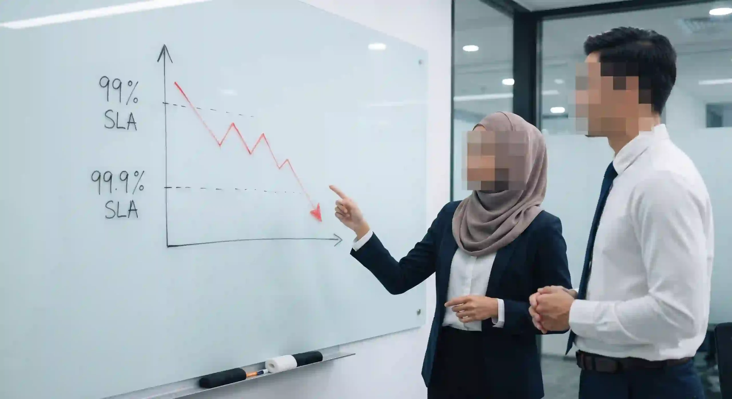 Diagram papan tulis menunjukkan grafik kerugian finansial perusahaan akibat toleransi waktu henti pada spesifikasi service level agreement Diagram papan tulis menunjukkan grafik kerugian finansial perusahaan akibat toleransi waktu henti pada spesifikasi service level agreement