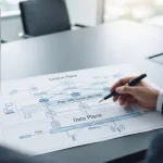 Diagram topologi arsitektur yang menampilkan pemisahan lapisan kontrol perangkat lunak dari infrastruktur transmisi data kabel fisik di atas meja