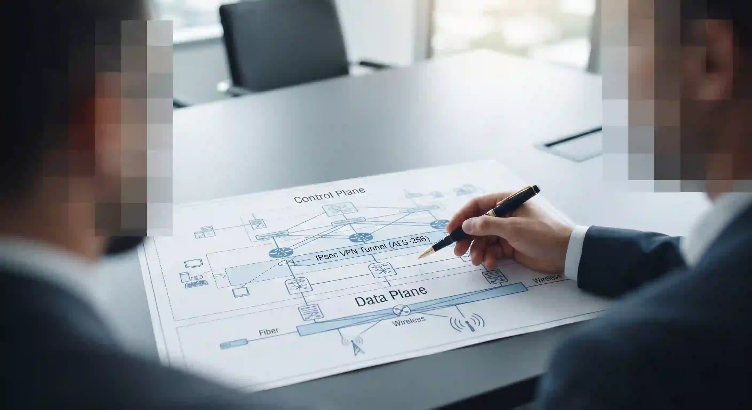 Diagram topologi arsitektur yang menampilkan pemisahan lapisan kontrol perangkat lunak dari infrastruktur transmisi data kabel fisik di atas meja