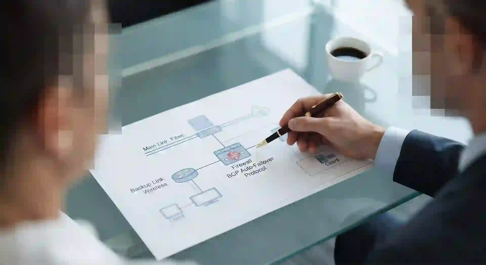 Diagram topologi jaringan hybrid menampilkan peralihan otomatis antara rute kabel optik dan rute radio di atas meja rapat Diagram topologi jaringan hybrid menampilkan peralihan otomatis antara rute kabel optik dan rute radio di atas meja rapat