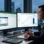Direktur keuangan menganalisis grafik pengembalian investasi (ROI) dari penggunaan koneksi internet dedicated
