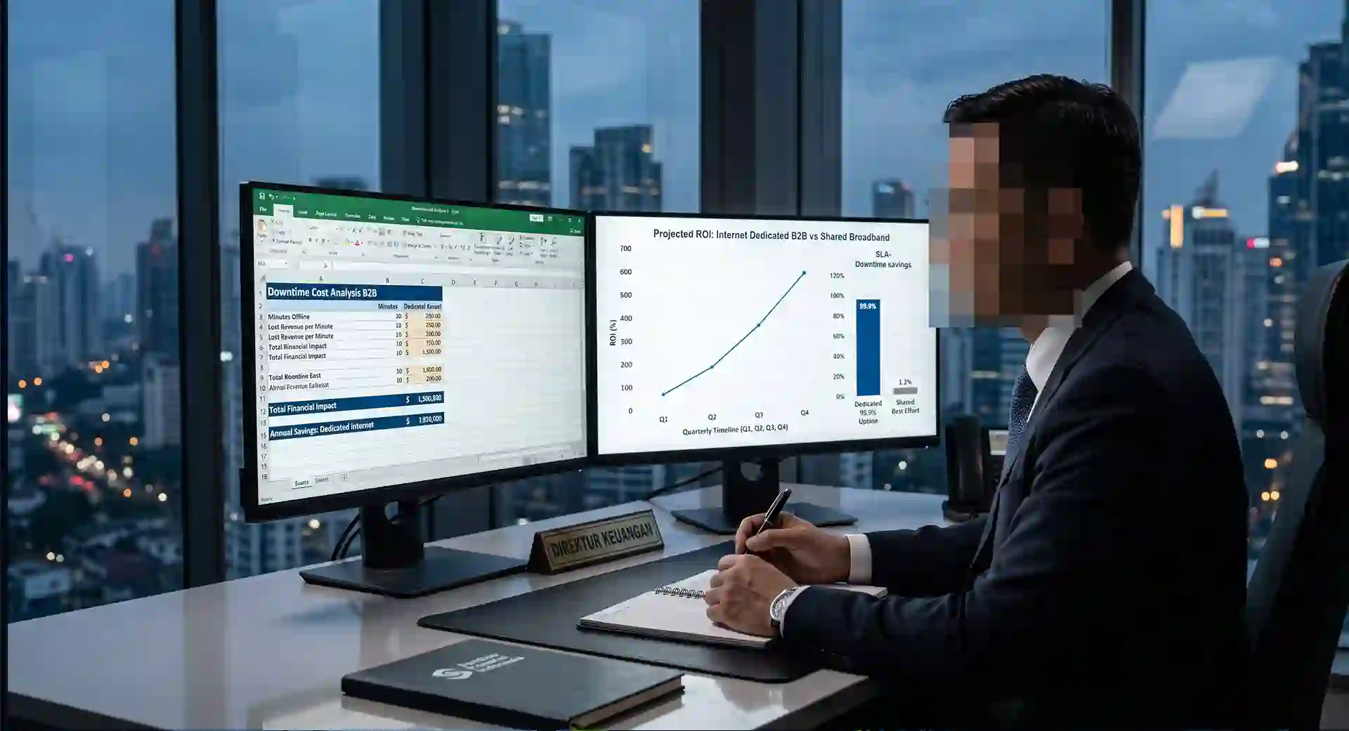 Direktur keuangan menganalisis grafik pengembalian investasi (ROI) dari penggunaan koneksi internet dedicated