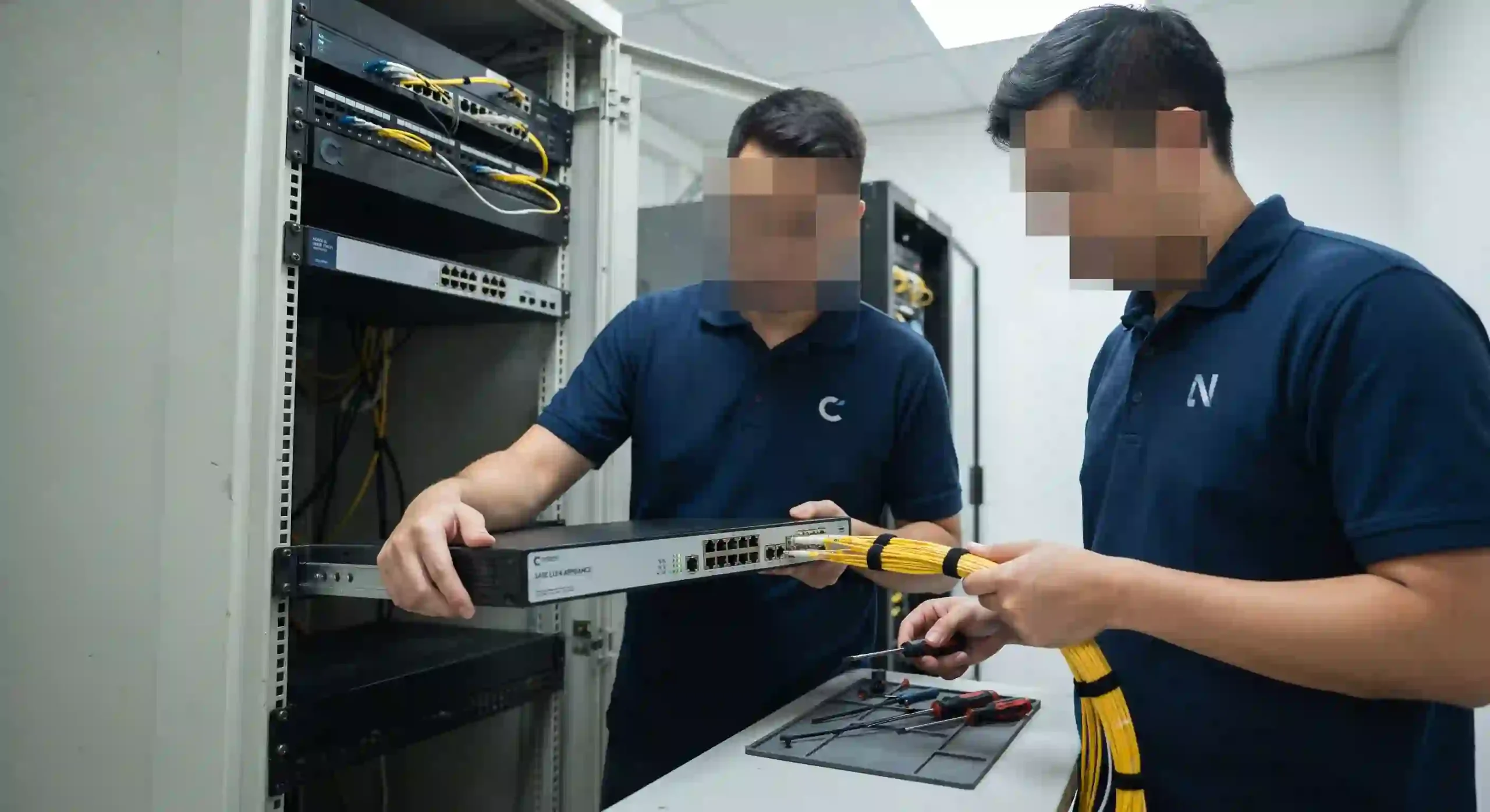 Dua insinyur jaringan sedang memasang perangkat keras router tepi layanan aman (SASE) di dalam rak server cabang kawasan industri