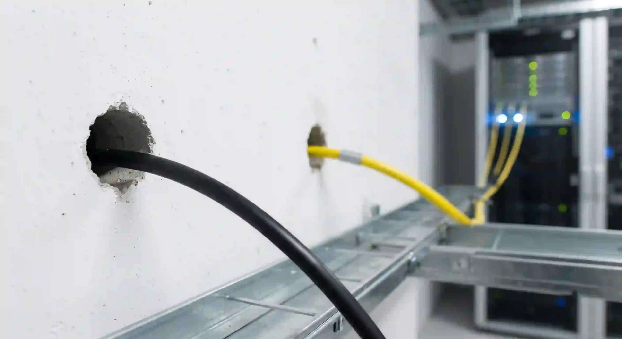 Dua jalur kabel fiber optik berwarna hitam dan kuning masuk ke ruang server dari lubang dinding yang berbeda untuk mengamankan koneksi