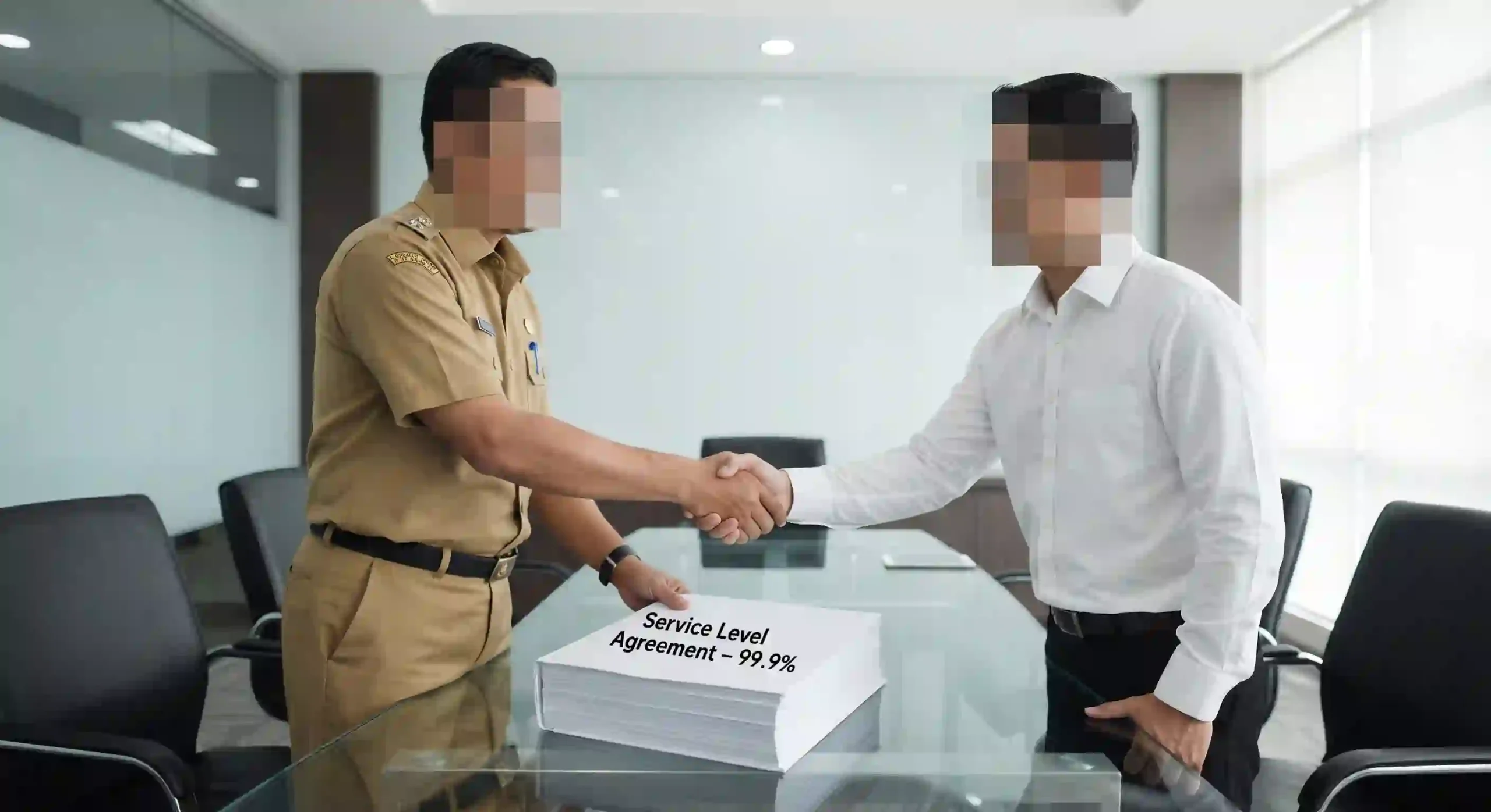 Dua profesional bisnis bersalaman meresmikan kontrak jaminan batas maksimal waktu mati jaringan di ruang rapat kaca