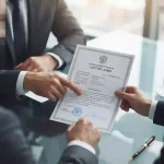 Dua profesional bisnis memeriksa keaslian dokumen Izin Penyelenggaraan Jasa Telekomunikasi resmi dari kementerian