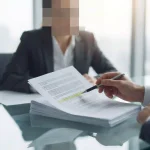 Dua profesional bisnis sedang menunjuk ke arah dokumen kontrak perjanjian layanan di atas meja ruang rapat kaca