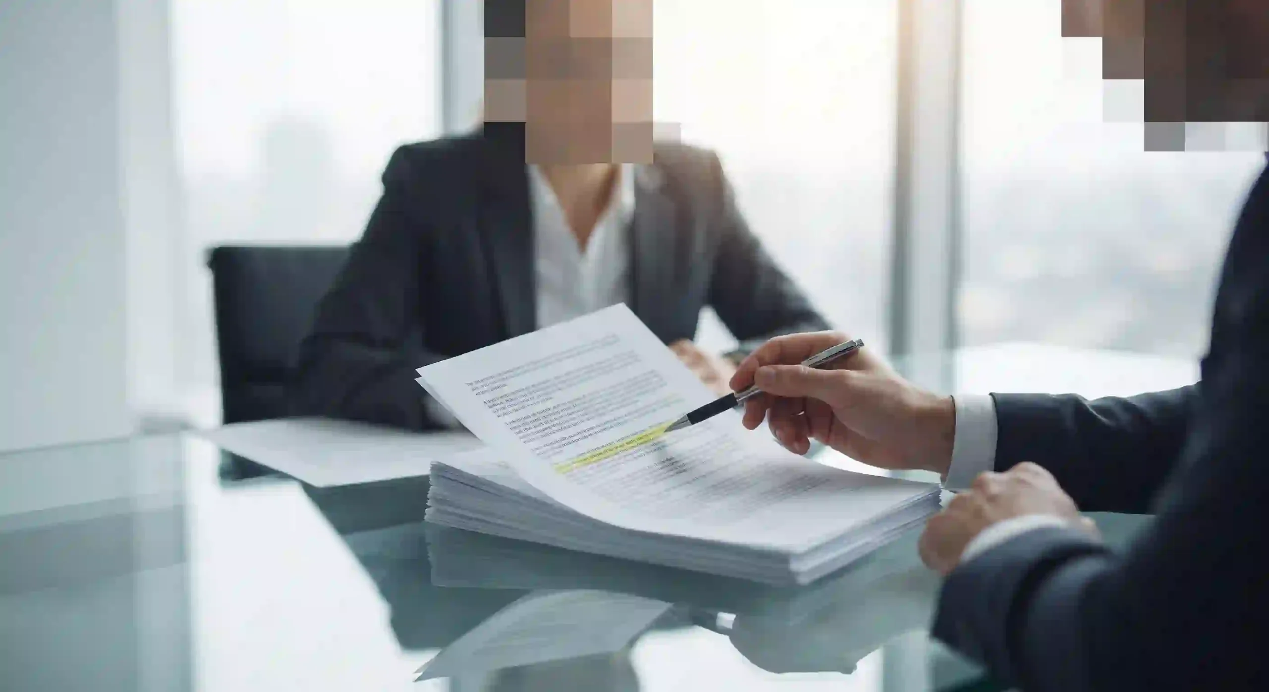 Dua profesional bisnis sedang menunjuk ke arah dokumen kontrak perjanjian layanan di atas meja ruang rapat kaca Dua profesional bisnis sedang menunjuk ke arah dokumen kontrak perjanjian layanan di atas meja ruang rapat kaca