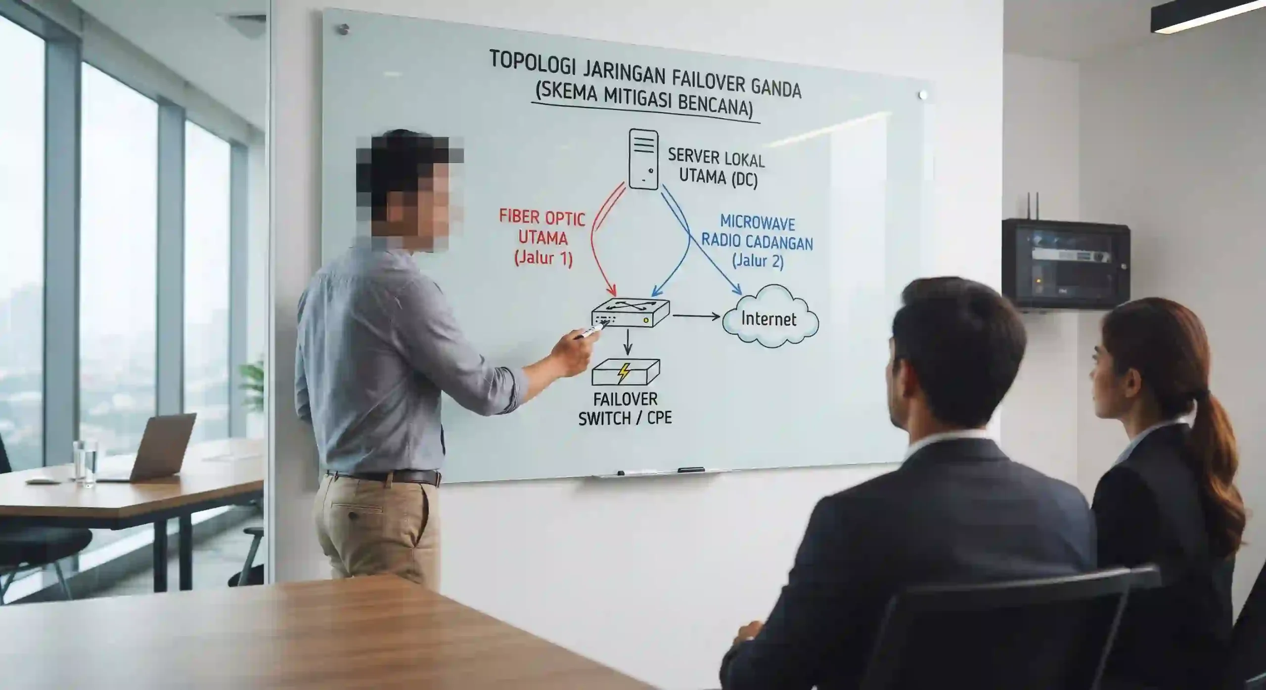 Insinyur IT mempresentasikan skema topologi jaringan failover ganda di papan tulis kaca kepada dewan direksi perusahaan