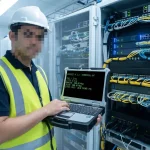 Insinyur jaringan melakukan uji terima kualitas kecepatan unduh dan unggah jaringan simetris di ruang server instansi