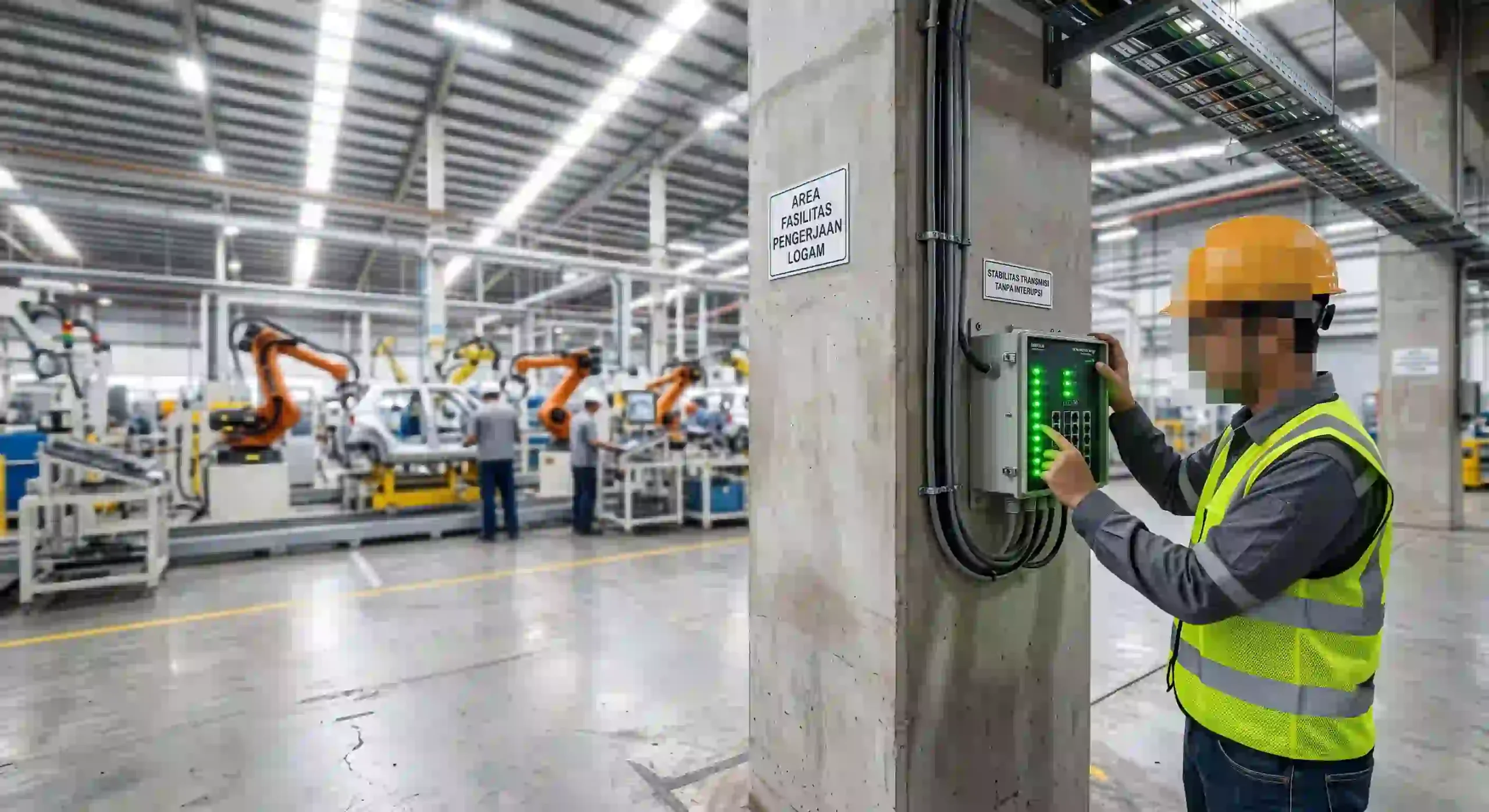 Insinyur jaringan memantau indikator lampu hijau pada kotak switch fiber optic pabrik manufaktur otomotif Insinyur jaringan memantau indikator lampu hijau pada kotak switch fiber optic pabrik manufaktur otomotif