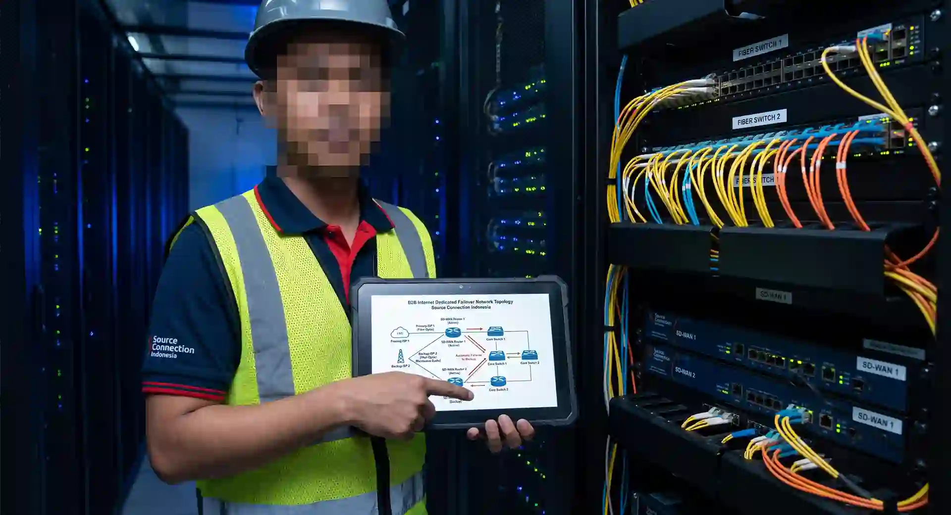 Insinyur jaringan mengevaluasi topologi failover internet dedicated B2B di ruang server korporasi