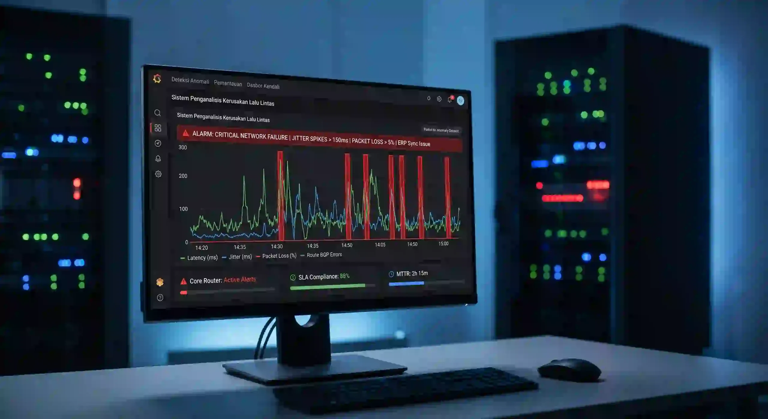 Layar monitor meja menampilkan grafik perangkat lunak pemantauan lalu lintas data gelap dengan indikator warna merah peringatan kegagalan transmisi