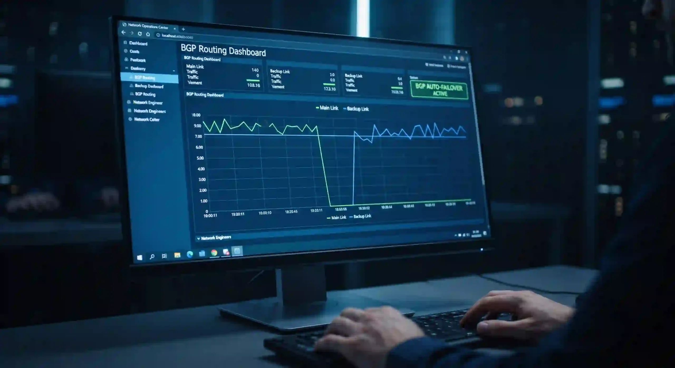 Layar monitor menampilkan grafik lalu lintas protokol BGP mengalihkan data ke jalur cadangan secara otomatis