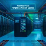 Lorong panjang realistis di dalam fasilitas pusat data modern bernuansa pencahayaan neon menyinari deretan lemari peladen utama