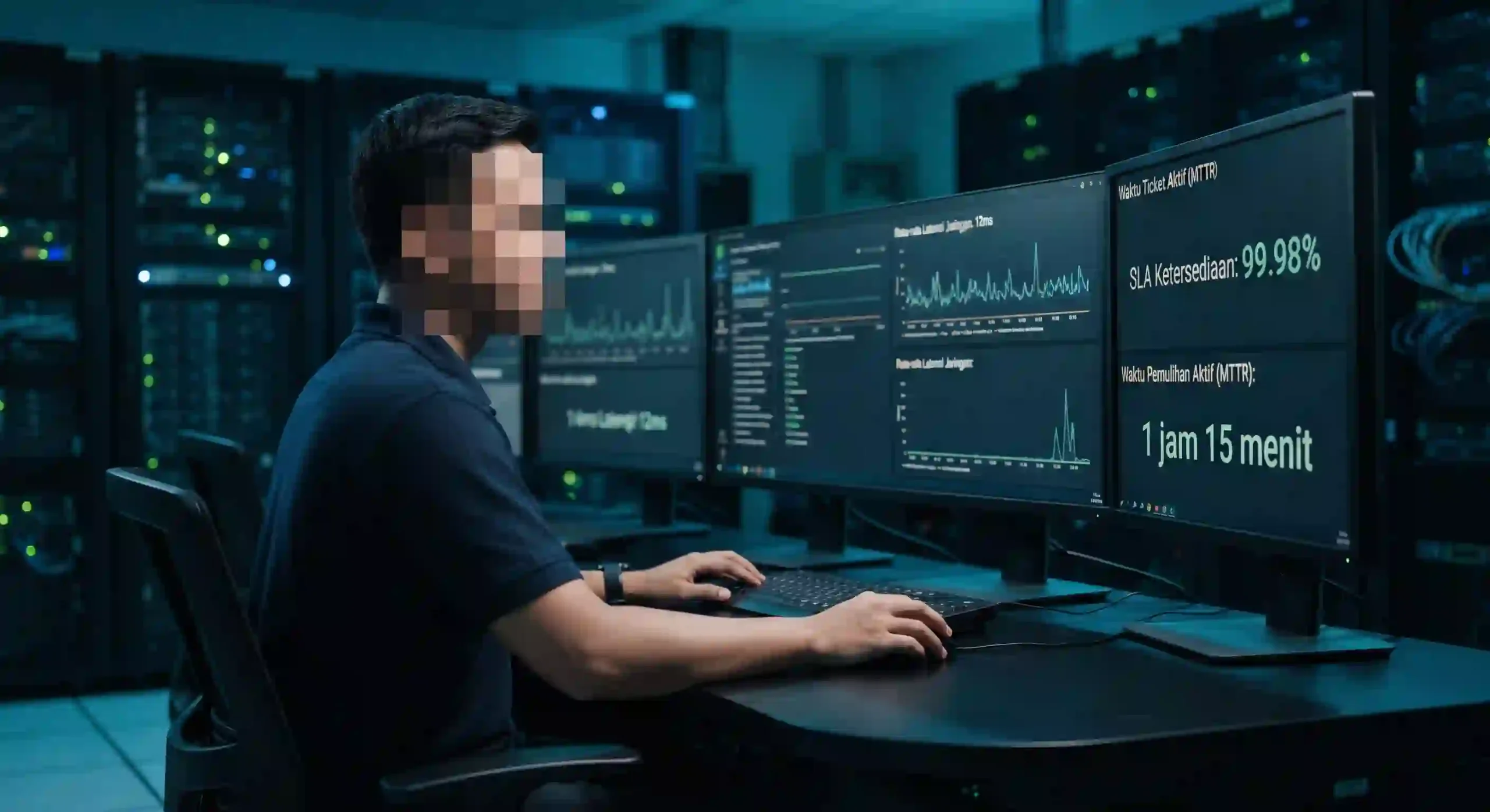 Staf network operations center sedang mengamati grafik pemantauan lalu lintas data dan tenggat waktu mttr di monitor ganda Staf network operations center sedang mengamati grafik pemantauan lalu lintas data dan tenggat waktu mttr di monitor ganda