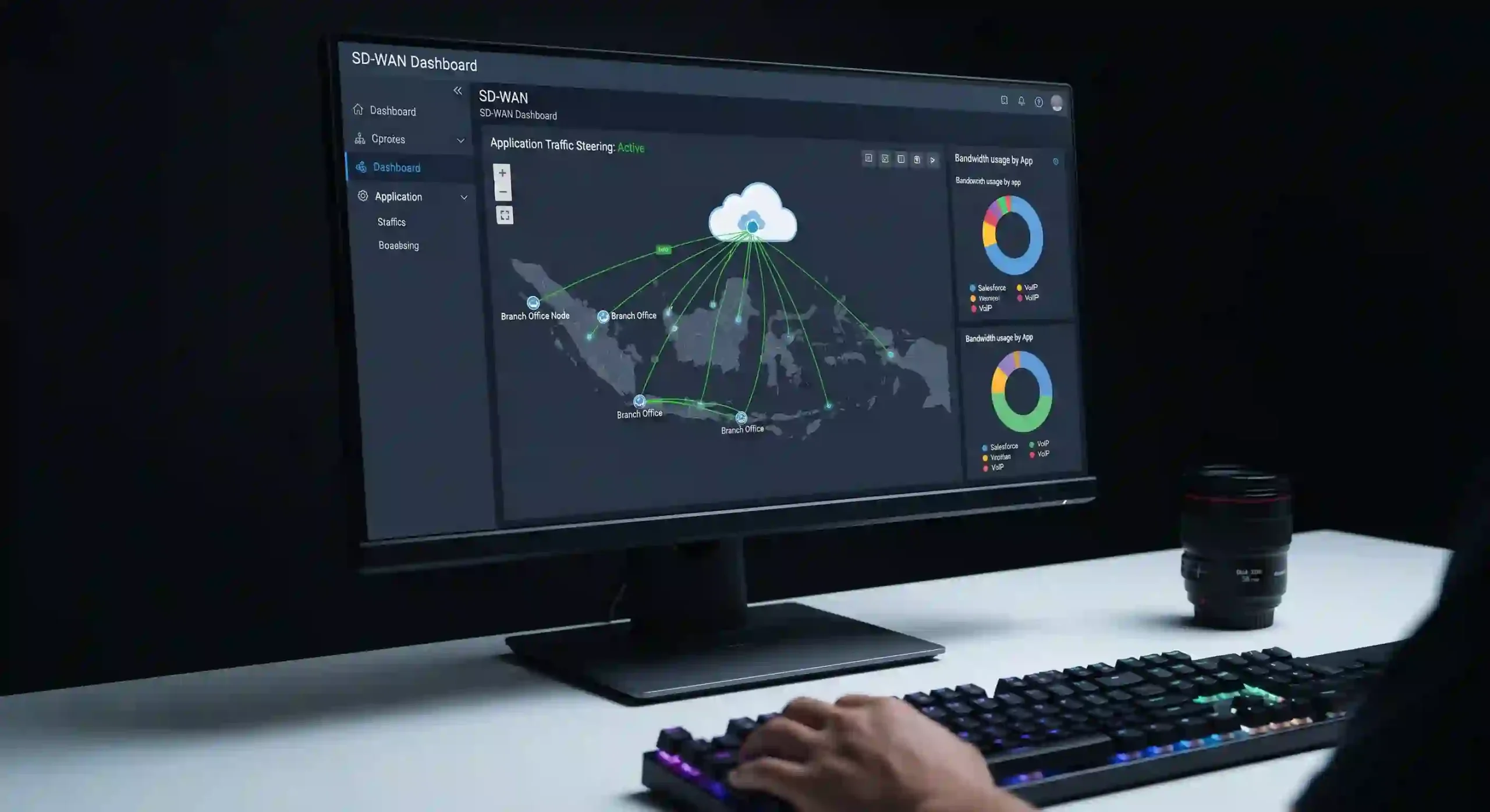 Tampilan antarmuka dasbor perangkat lunak pemantauan lalu lintas data terpusat dari arsitektur software defined wide area network