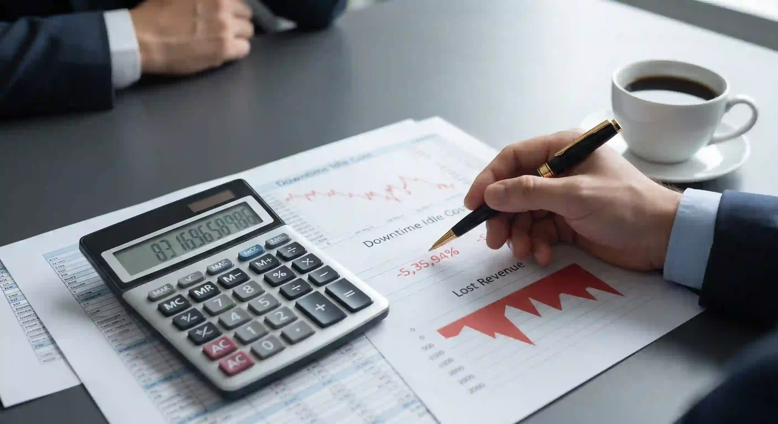 Tampilan kalkulator keuangan di atas meja menampilkan perhitungan kerugian waktu henti internet puluhan juta rupiah