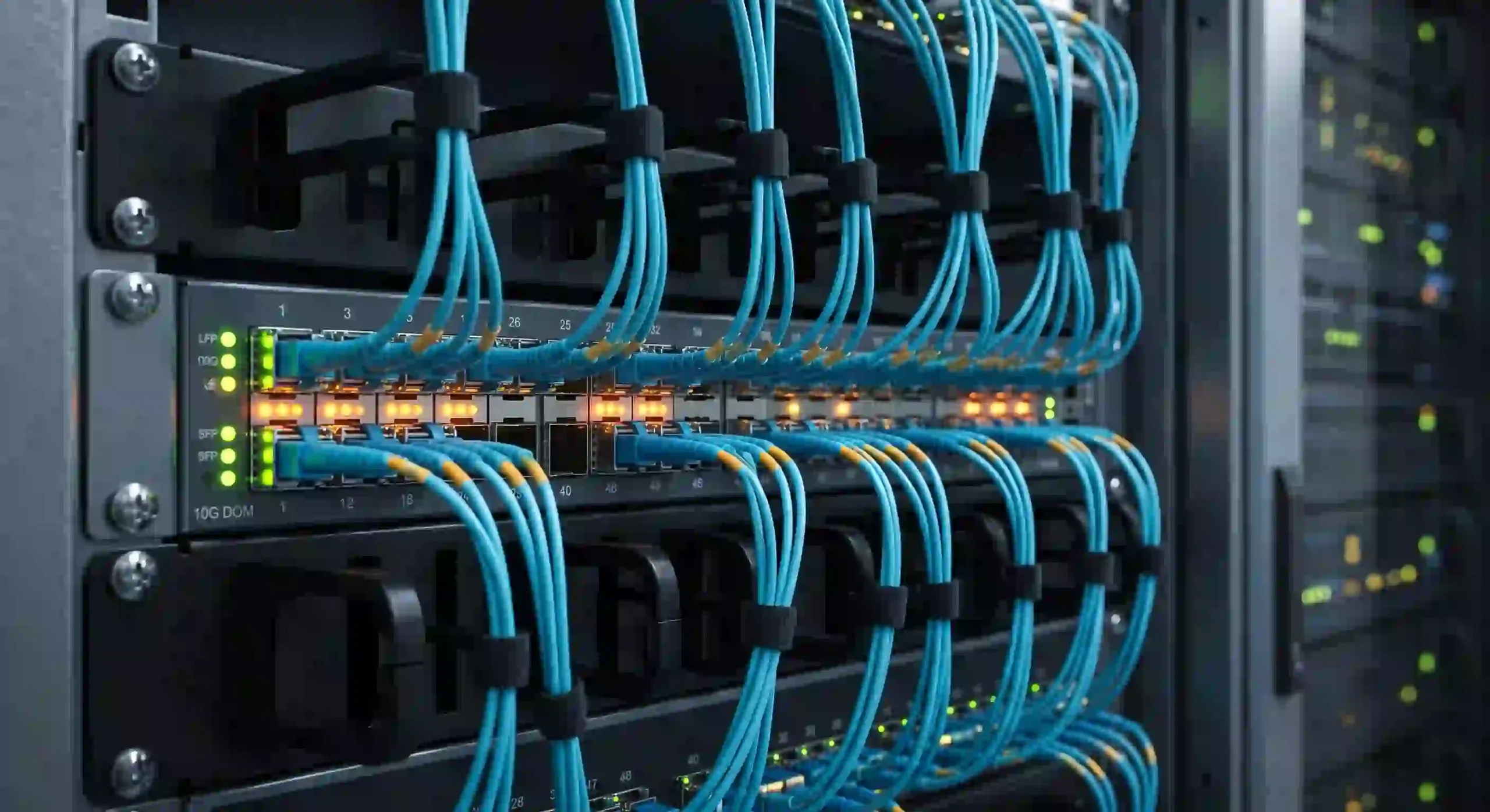 Tampilan tangkapan foto jarak dekat kabel jaringan fiber optik biru yang tertata rapi menyala di dalam rak mesin sakelar distribusi perusahaan