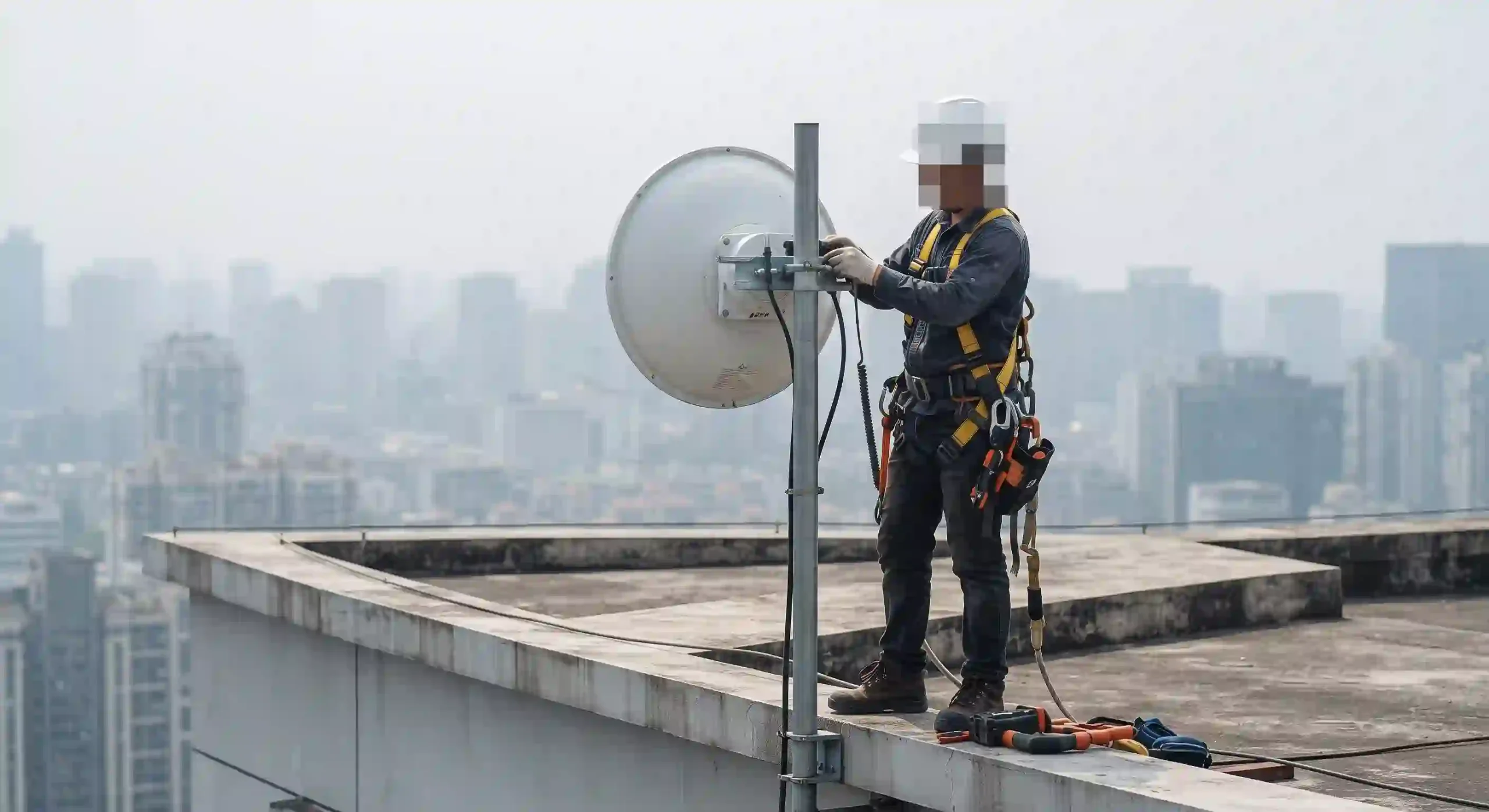 Teknisi jaringan perusahaan memanjat tiang menara atap gedung untuk menyelaraskan arah antena radio microwave Teknisi jaringan perusahaan memanjat tiang menara atap gedung untuk menyelaraskan arah antena radio microwave
