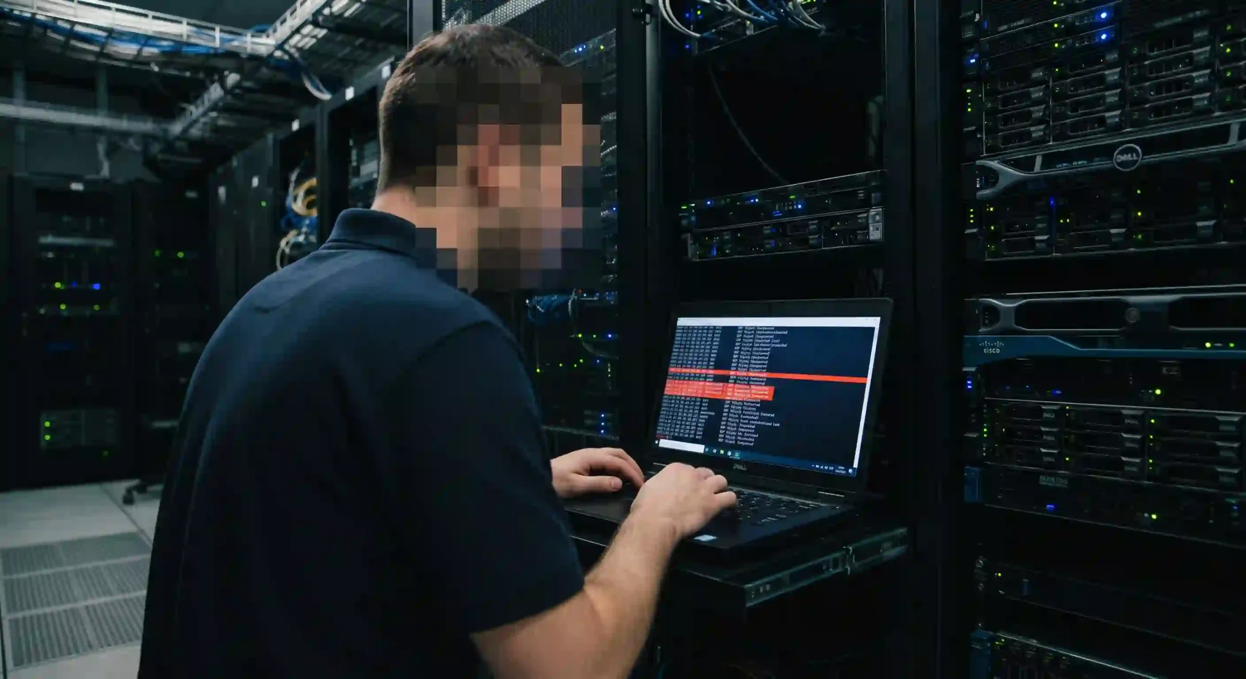 Teknisi keamanan IT menganalisis potensi peretasan dan celah keamanan routing BGP dari layar laptop di ruang server gelap