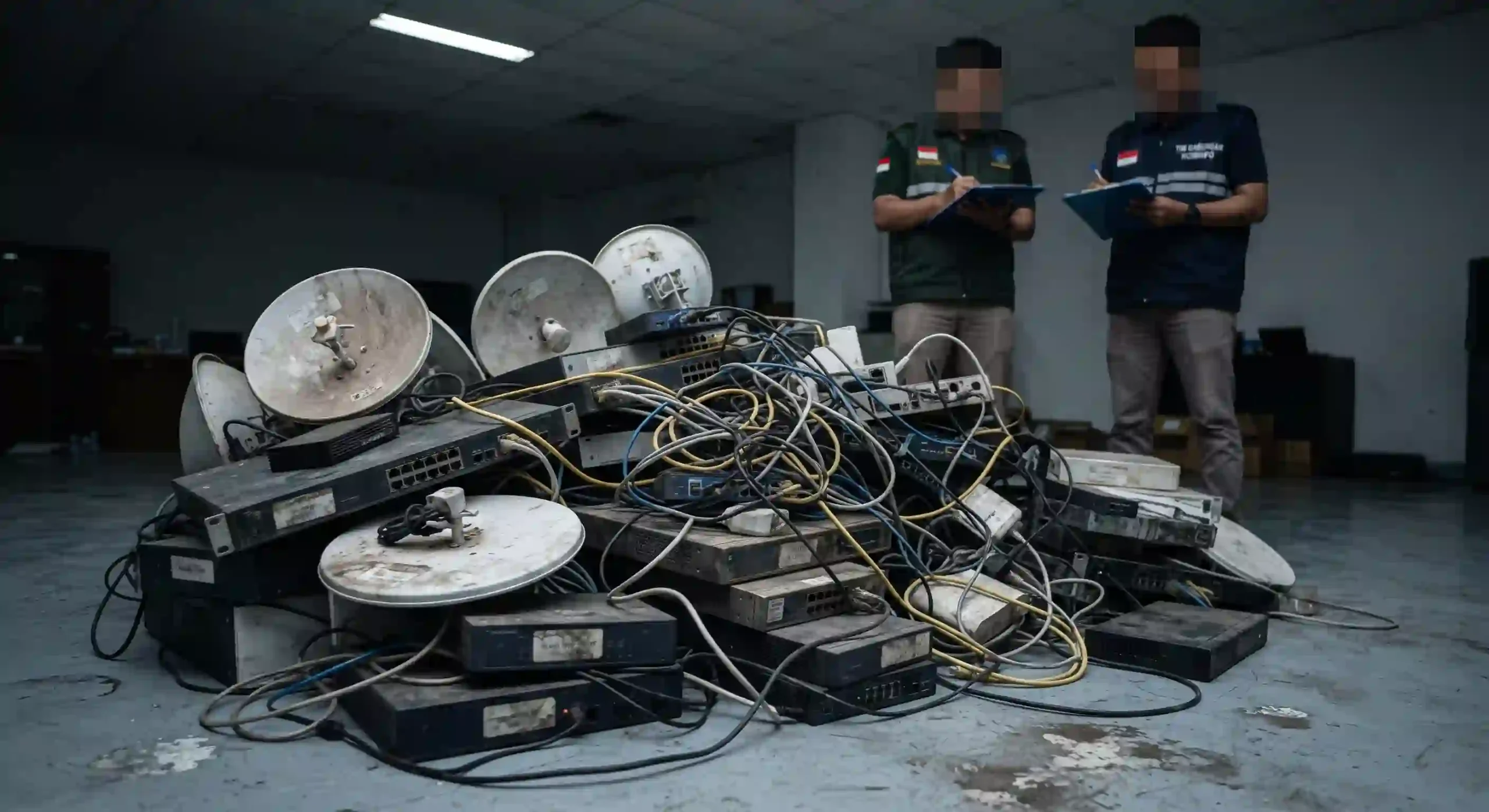 Tumpukan perangkat router, switch, dan antena radio microwave yang disita oleh aparat berwenang akibat pelanggaran jaringan ilegal