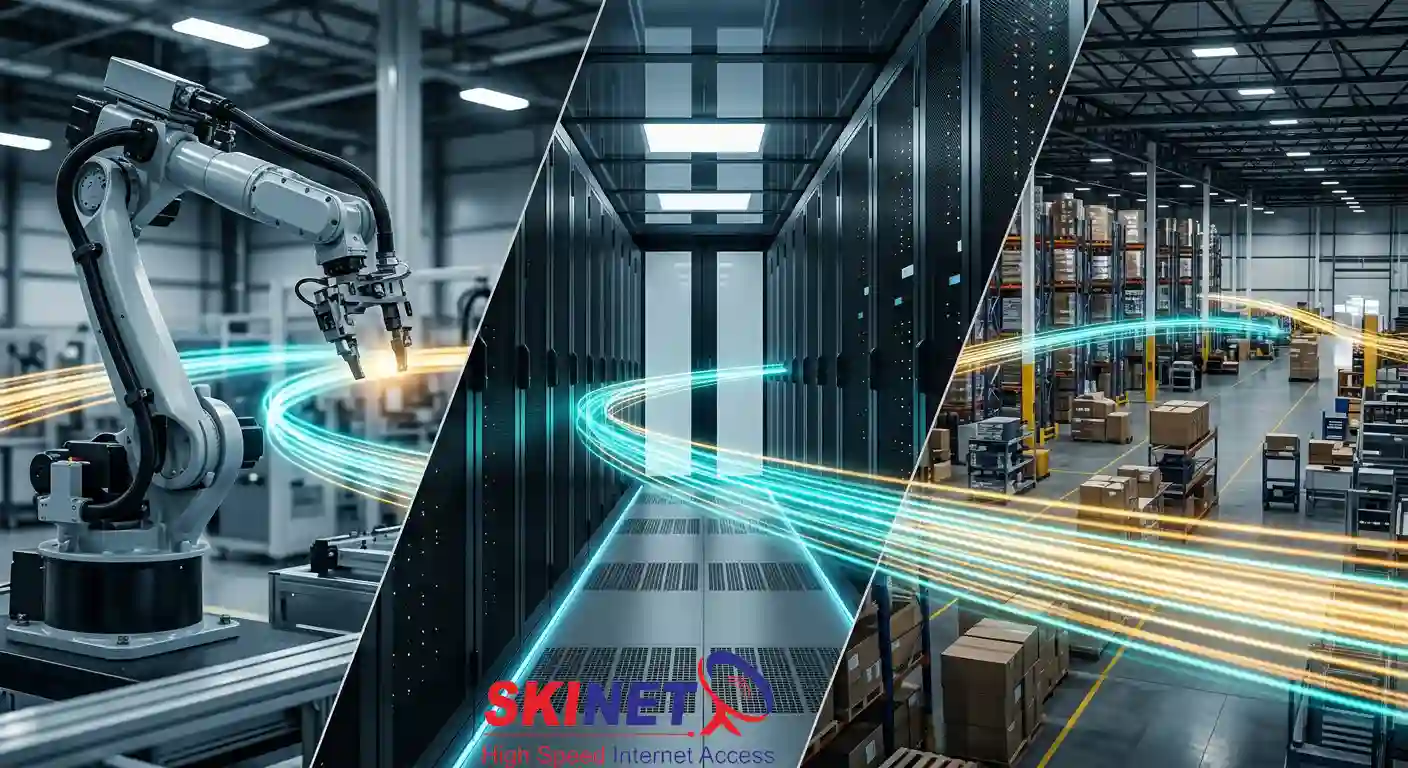 Arsitektur kustom jaringan Internet Dedicated B2B dari SKINET yang dirancang secara spesifik (tailor-made) untuk mengakomodasi beban komputasi sektor manufaktur, pendidikan, dan logistik komersial
